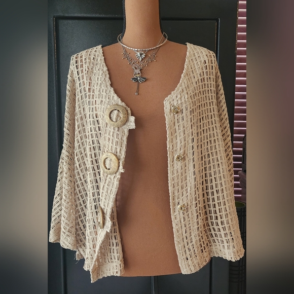Keren Hart 100% cotton khaki tan small crochet sweater jacket artsy chunky snaps - Picture 2 of 6